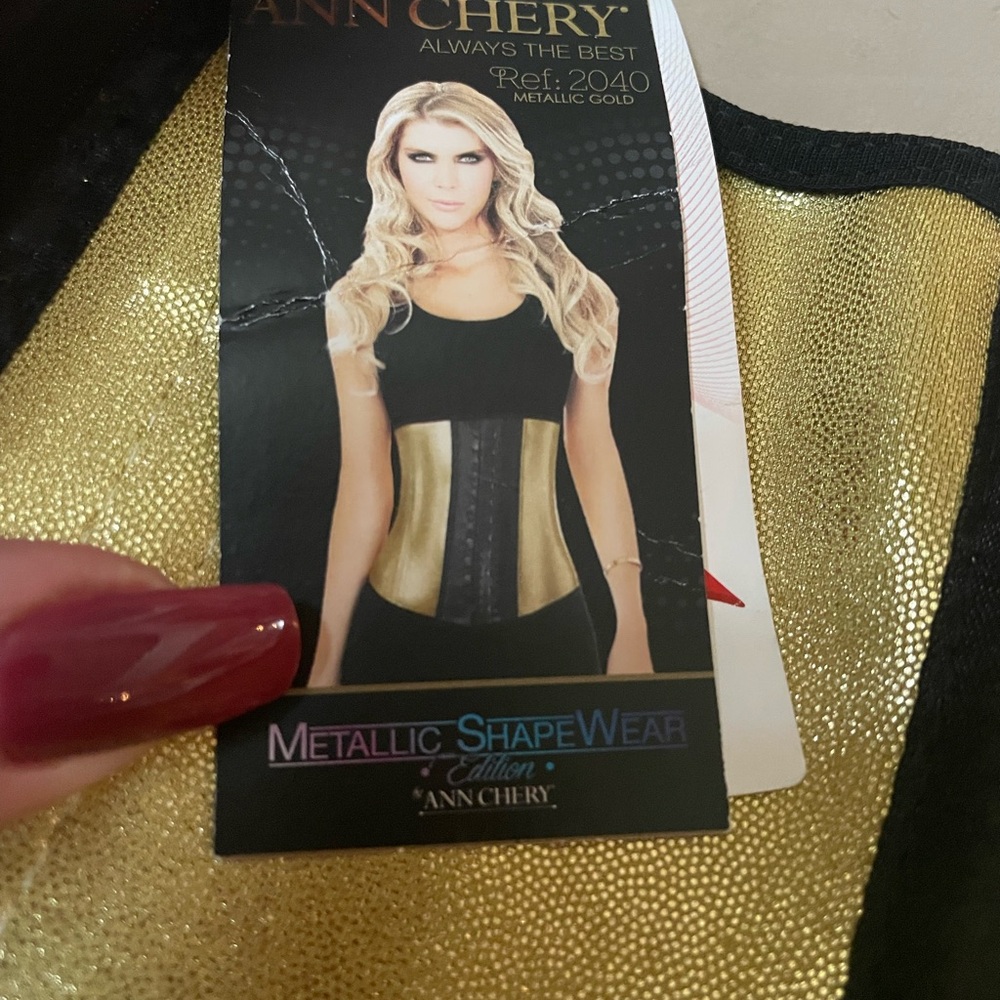 NWT Ann Cherry Gold Metallic Waist Trainer, Black Trim, Size USA 34